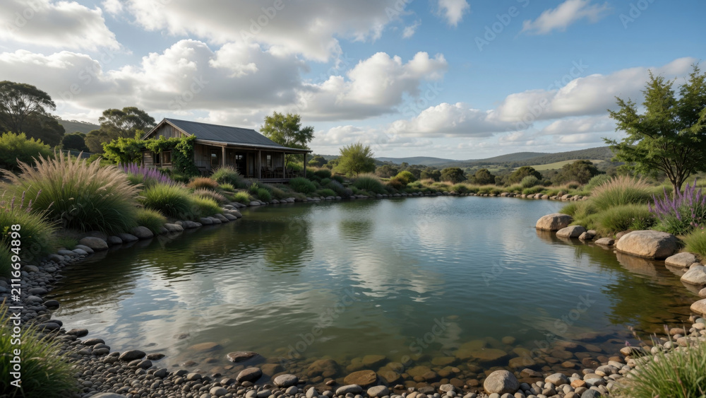 Fototapeta premium Serene pond countryside cabin stone shore ornamental grass cloudy sky rural landscape calm water reflection peaceful nature summer day sceneryRegenerative travel farmstay concept
