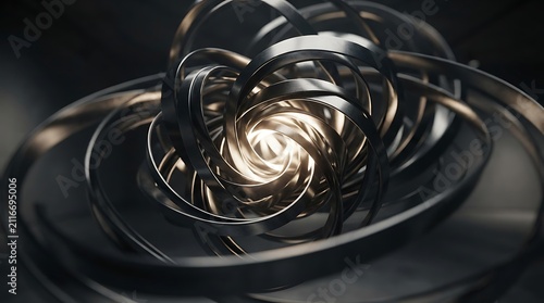 Sphere crafted from interlocking metallic rings glows with an intense central light source in a dark void.