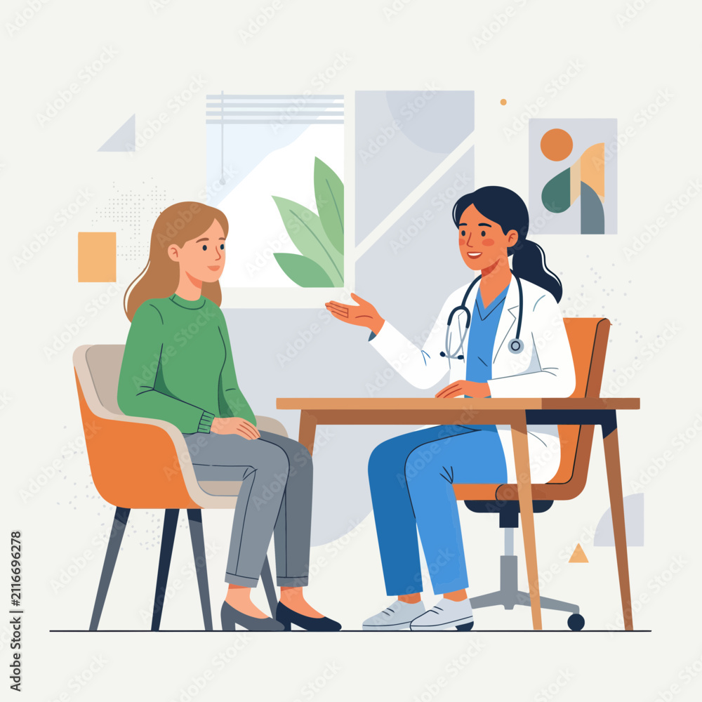 Fototapeta premium Doctor Consults Patient in Modern Clinic, Flat Vector Illustration of Healthcare and Medical Consultation