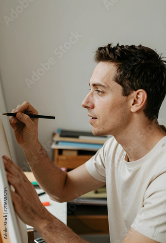 Young man drawing on an eas...