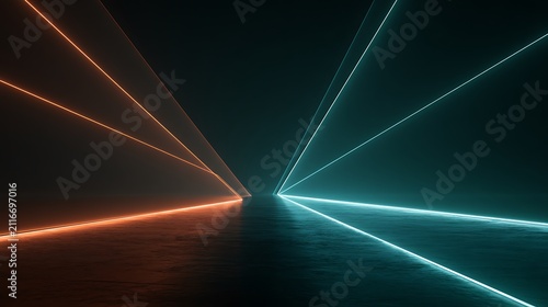 Glowing orange and cyan neon laser lines meet on a dark reflective surface. Ideal for futuristic technology and.