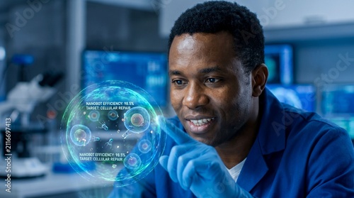 Futuristic scientist analyzing a digital cell hologram in laboratory, African American researcher using interactive biotechnology interface, medical science innovation