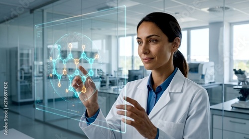 Futuristic female scientist analyzing molecular structure on digital interface, laboratory researcher using holographic medical technology, biotech innovation concept