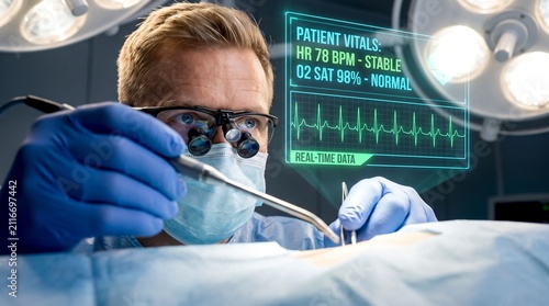 Futuristic surgeon performing high-tech surgery, medical professional using digital HUD interface, advanced healthcare technology with patient vitals