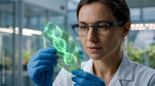 Biotechnology scientist examining glowing DNA leaf, female researcher in high-tech laboratory, genetic engineering and plant science concept