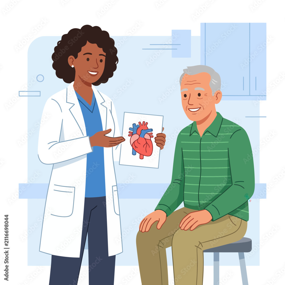 Obraz premium Doctor Explaining Heart Health to Senior Patient in Modern Flat Style