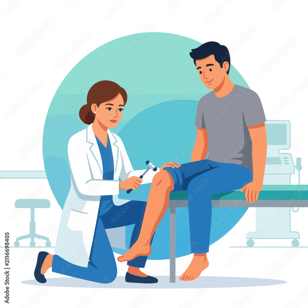 Obraz premium Doctor examining patient's knee reflex with a reflex hammer in a medical clinic setting