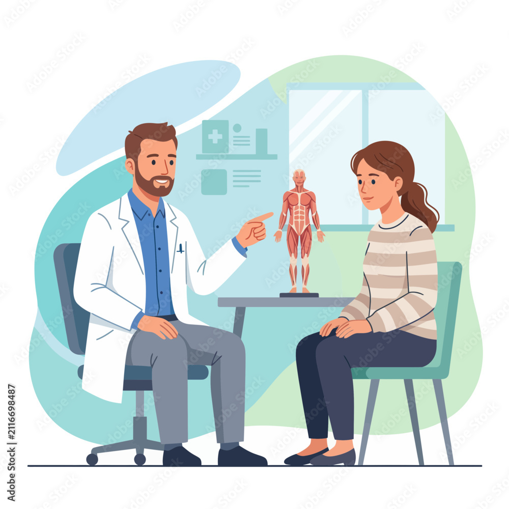 Fototapeta premium Doctor Explaining Anatomy Model to Patient - Medical Consultation Vector Illustration