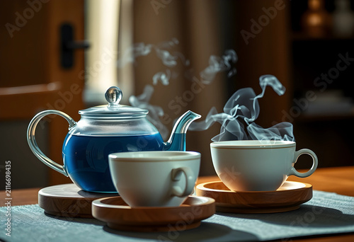 Steaming blue tea in a glas...
