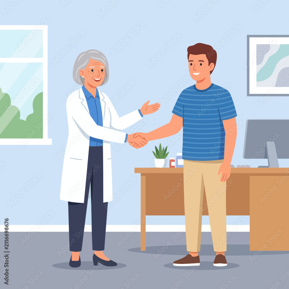 Fototapeta premium Doctor Shaking Hands with Patient in Clinic Office, Flat Design