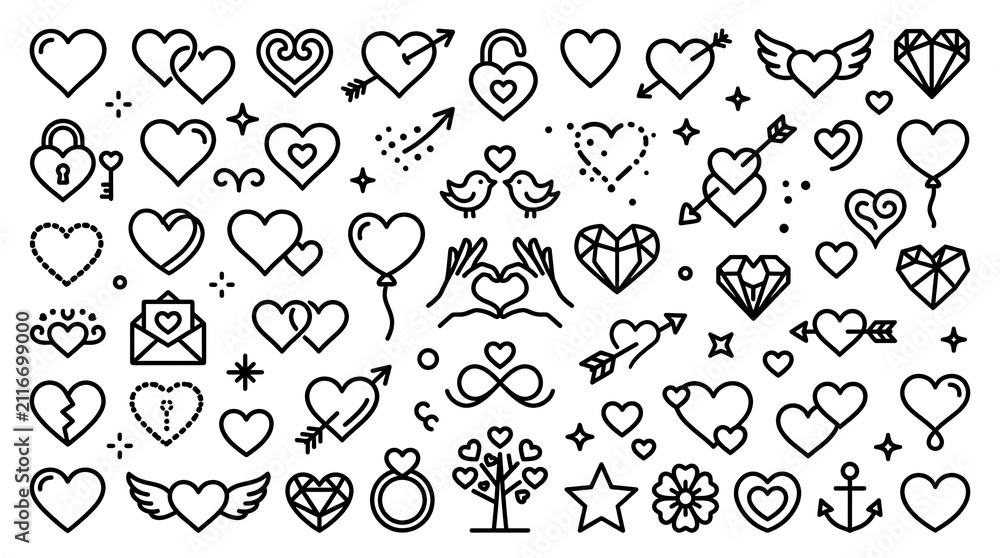 Fototapeta premium Set of Hand Drawn Heart Icons for Valentine's Day, Love and Romance Graphic Elements in Minimalist Line Art Style