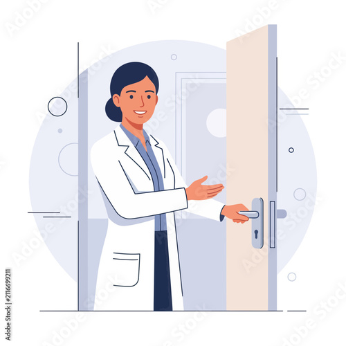Friendly female doctor in white lab coat opening a door, welcoming gesture, flat vector illustration