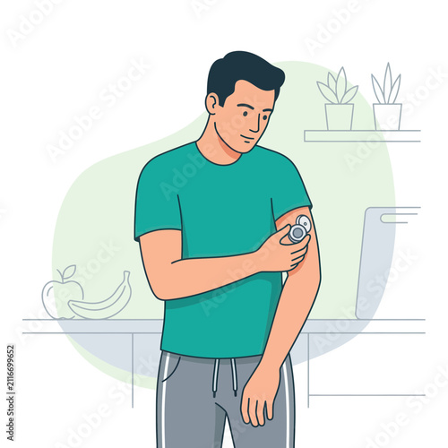 Man checking continuous glucose monitor on arm, diabetes management concept illustration, healthy lifestyle vector art