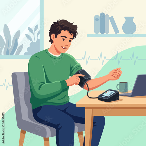 Man checks blood pressure at home with digital monitor, symbolizing health and technology in domestic life