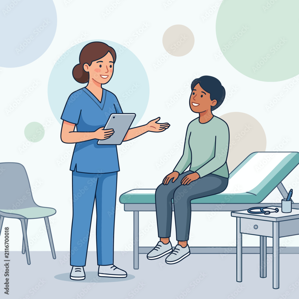 Fototapeta premium Nurse Consulting Patient with Tablet in Medical Exam Room - Flat Vector Illustration