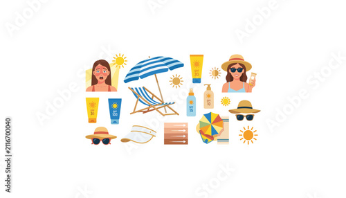 Photography Sun protection vector set with sunscreen cream bottles beach umbrella deck chair