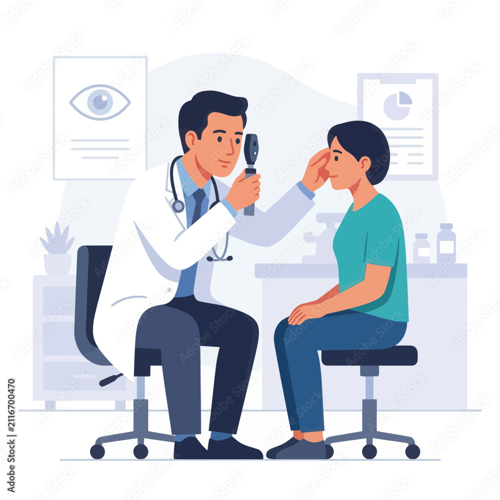 Fototapeta premium Ophthalmologist examining a patient's eye with an ophthalmoscope in a modern clinic, vector illustration.