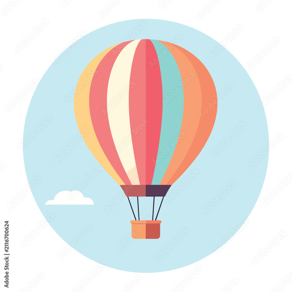 Obraz premium Vibrant Striped Hot Air Balloon Flying in Blue Sky Flat Design Vector Icon for Travel and Recreation