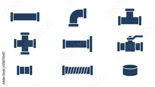 Industrial plumbing pipe fittings and valve system icons.