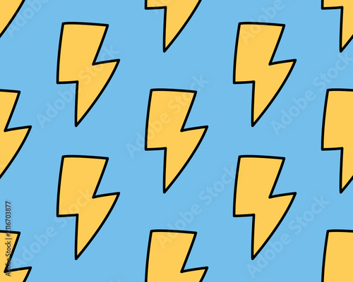 Yellow lightning bolt seamless pattern on light blue background. Doodle flash energy pattern vector illustration for fabric, wallpaper, or packaging design.