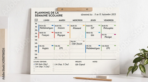 Planning hebdomadaire scolaire imprimé posé sur un bureau en bois avec un stylo, organisant les activités, cours et devoirs de la semaine pour une bonne gestion du temps scolaire