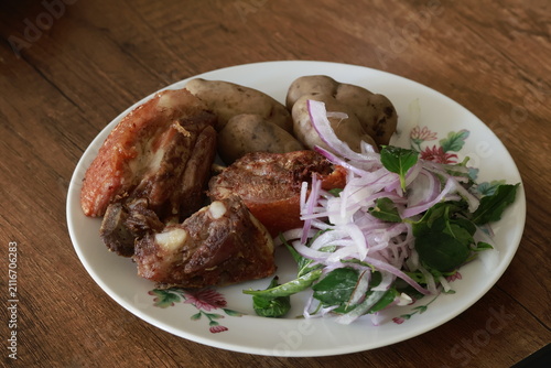 Authentic Peruvian fried pork (Chicharrón)