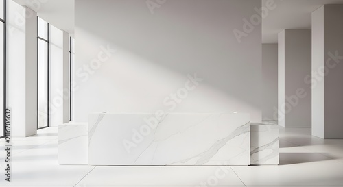Modern Reception Desk with Marble Pattern in a Bright, Sunlit Office Space