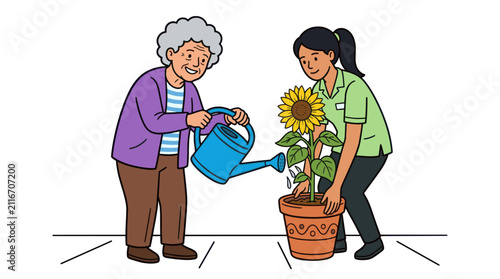 Canvastavla Caregiver and elderly woman watering potted sunflower
