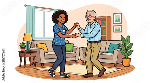 Obraz na płótnie Home health aide dancing with senior man in living room.