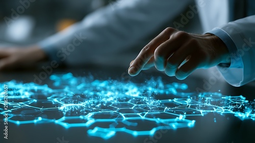 Scientist examining precision pharmacology molecular map, pharmaceutical innovation laboratory, digital chemistry analytics,