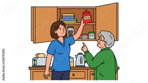 Fotografie Nurse assisting elderly woman with tea in kitchen.