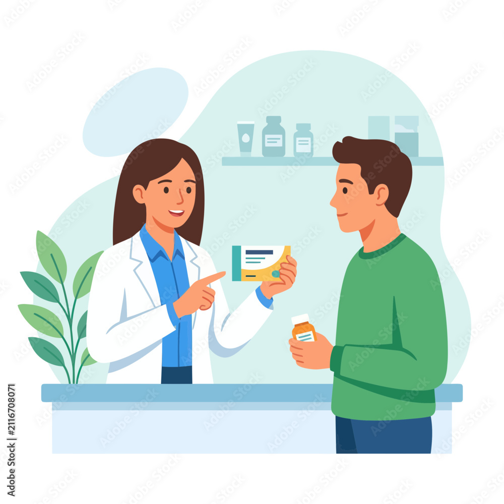 Obraz premium Pharmacist Advising Customer on Medication at Pharmacy Counter - Vector Illustration