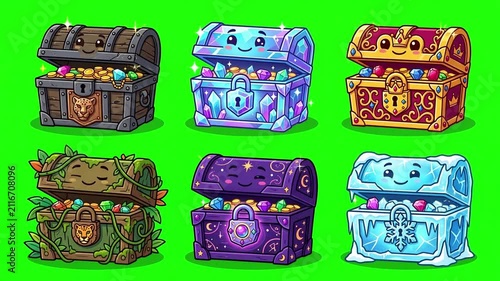 Animated Cute Treasure Chest Set on Green Screen