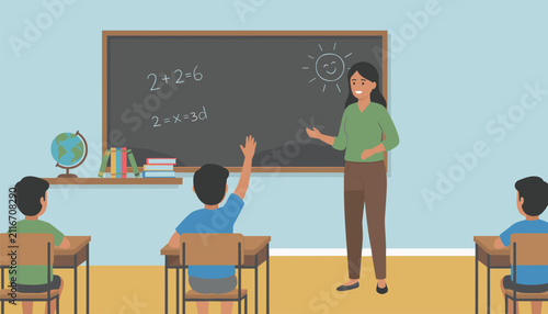 Teacher explaining math equations to students in a school classroom.