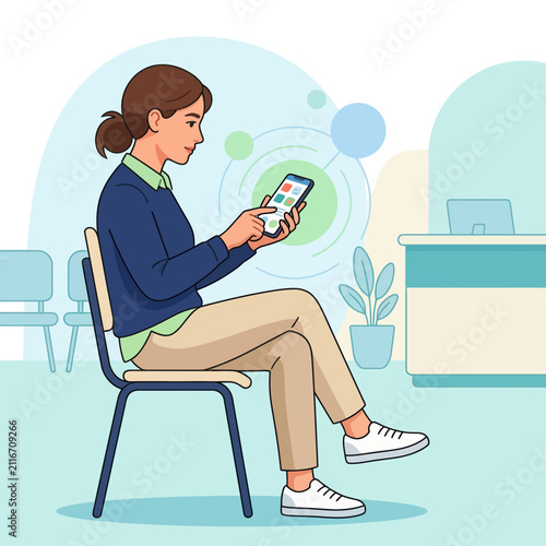Woman Sitting and Using Smartphone in a Waiting Room, Flat Vector Illustration
