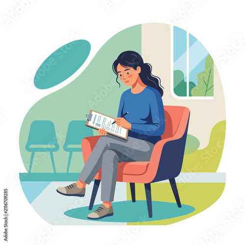Woman Sitting in a Chair Writing on a Clipboard, Psychological Assessment or Patient Consultation Scene