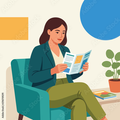 Woman Sitting in Armchair Reading Brochure or Magazine, Modern Flat Design