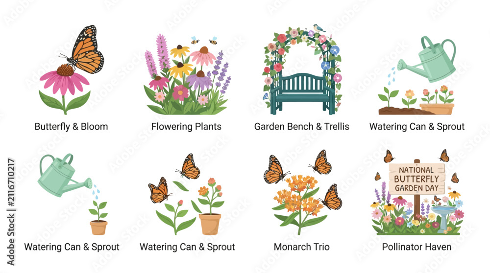 Fototapeta premium Set of Vector Icons Illustrating Garden Themes for National Butterfly Garden Day