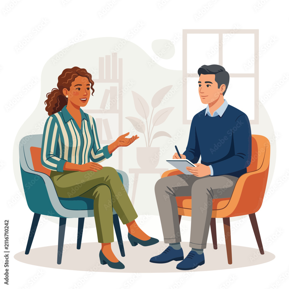 Obraz premium Diverse couple in therapy session, discussing issues with a psychologist in a modern, minimalist office.