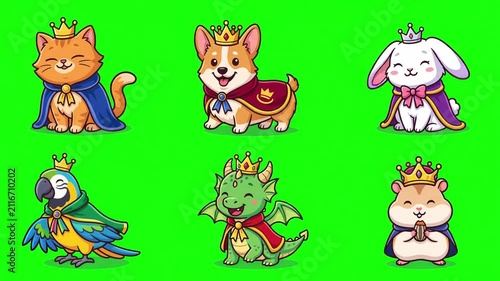 Cute Cartoon Royal Animals and Pets on Green Screen