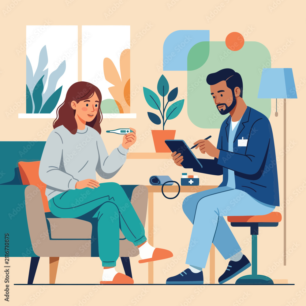 Fototapeta premium Doctor consulting patient with thermometer, medical check-up, healthcare concept illustration