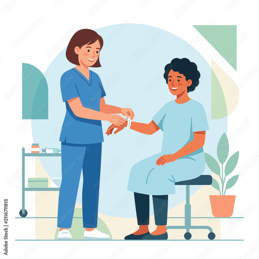 Obraz premium Nurse Applies Bandage to Patient's Wrist in Medical Setting Vector Illustration