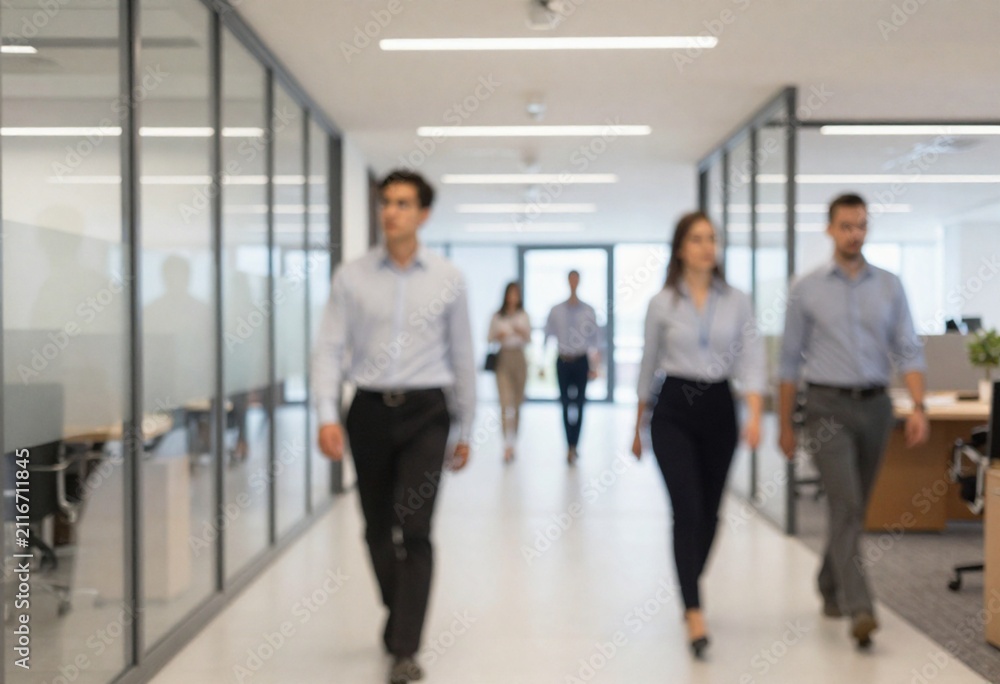Fototapeta premium Blur image of a corporate office hallway featuring business people in a contemporary workspace.