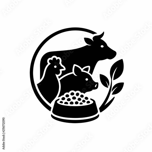 Farm animals and food bowl in circular logo design.
