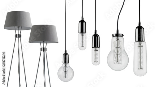 Canvas Print Isolated elegant floor lamps with tripod bases and multiple decorative Edison fi