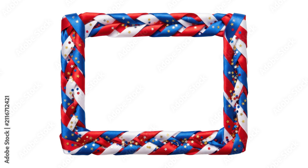 Fototapeta premium A festive rectangular frame made of braided red, white, and blue ribbons with sparkles, captured in a clean studio shot on white background.