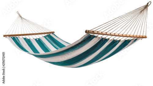 Isolated striped fabric hammock with wooden spreader bars and ropes, comfortable relaxation