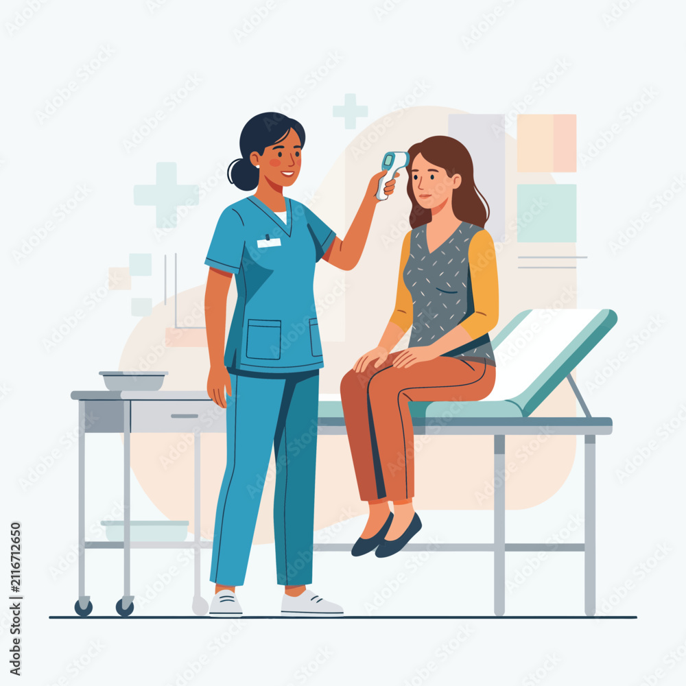 Obraz premium Nurse taking patient's temperature with infrared thermometer, healthcare and medical check-up illustration