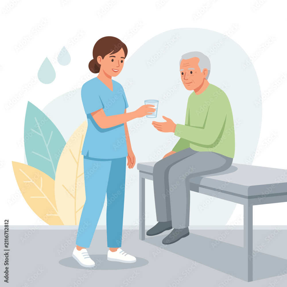 Fototapeta premium Caring nurse gives water to elderly man, healthcare and compassion illustration