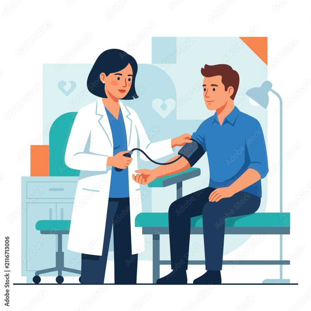 Fototapeta premium Doctor checking patient's blood pressure with sphygmomanometer in a modern clinic setting, flat illustration style